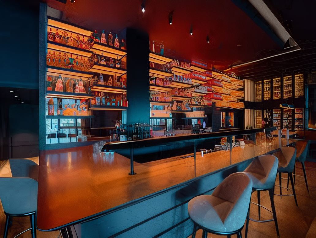 Le comptoir du bar et ses étagères rétro-éclairées