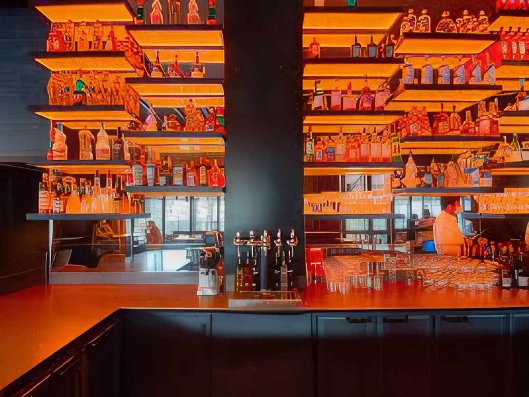 Le mur de bouteilles rétro-éclairé derrière le bar